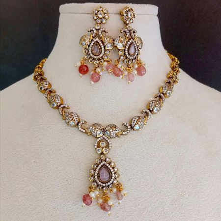 Handmade Brass Metal Jewellery Pink Pendant Necklace Set